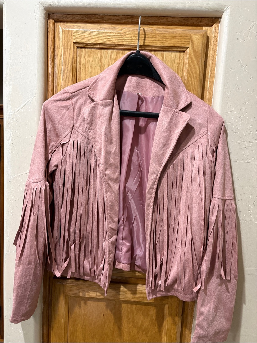 Fringed Faux Suede Jacket - Pink